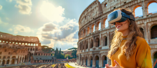 Happy young woman wearing VR gear while enjoying experience on digital excursion at Coliseum in Roma. Millennial wearing VR glasses traveling around the world. Virtual digital exhibition banner