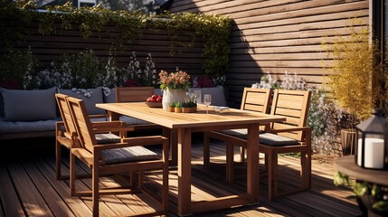 Fototapeta premium photo of a backyard patio with outdoor dining furniture.