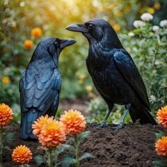 Fototapeta premium colored crow in the flowers in garden 