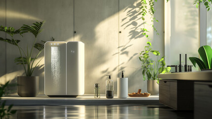 A home setup featuring eco-friendly water and air purification devices, emphasizing sustainability. Dynamic and dramatic composition, with cope space