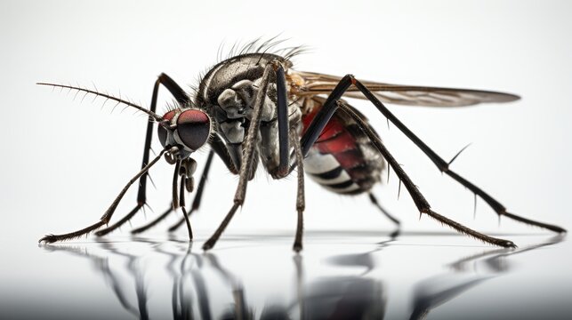 Detailed macro portrait of a mosquito on white background for optimal search relevance