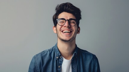 Obraz premium Portrait of young handsome smiling business guy wearing gray shirt and glasses, feeling confident with crossed arms, isolated on white background