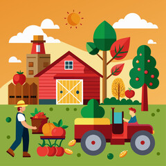 Naklejka premium A vibrant illustration of a farm scene with a red barn, farmers harvesting crops, and a tractor, set against a backdrop of trees and silos