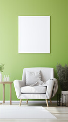 A vibrant living room with lime green walls, a comfortable gray armchair, and a blank white frame mockup standing on a white side table.