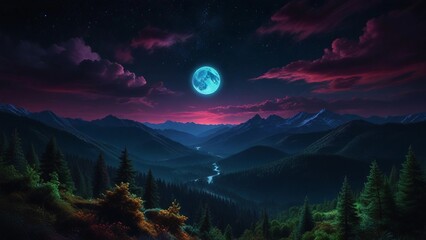 mountains with a very beautiful and peaceful moon