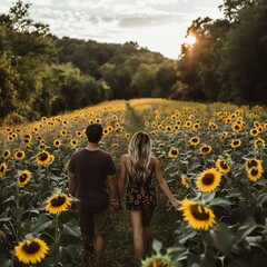 Fototapeta premium Couple walking hand-in-hand through a field of sunflowers at sunset.