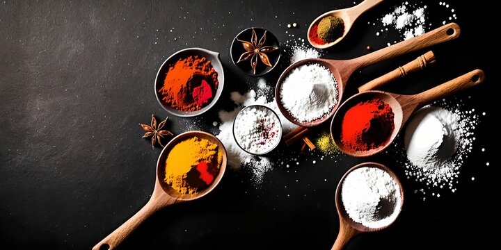 wallpaper representing a series of spices to spice up cooked dishes. curry, cumin, saffron, paprika, etc...