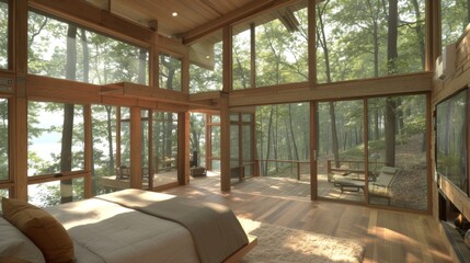 Create a bedroom with giant windows overlooking a serene forest, with sunlight filtering through the canopy and birds chirping in