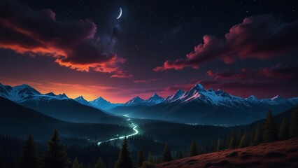 mountains with a very beautiful and peaceful moon
