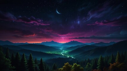 mountains with a very beautiful and peaceful moon