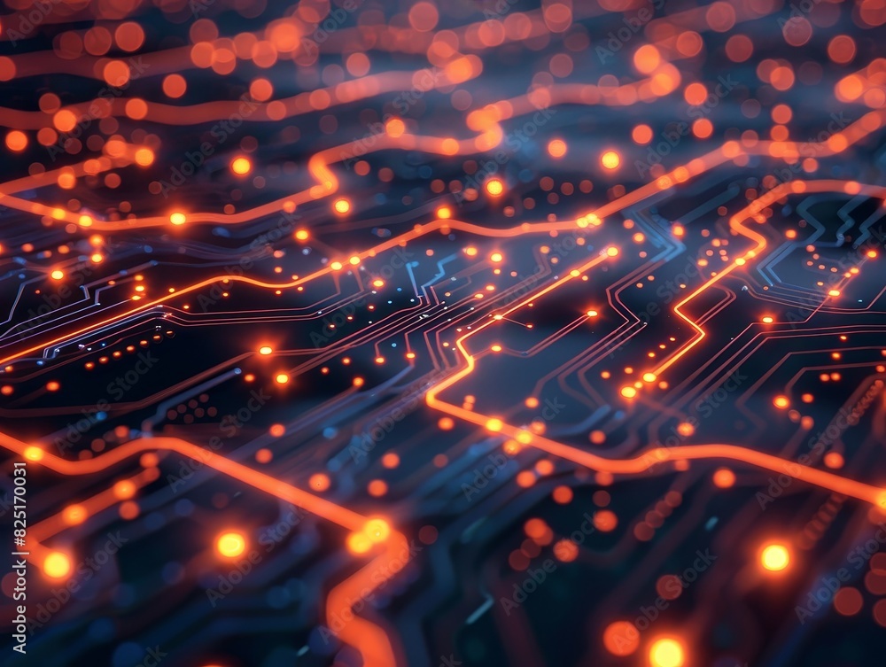 Poster abstract circuit board with glowing orange lines and light bokeh, close-up view of technology and co