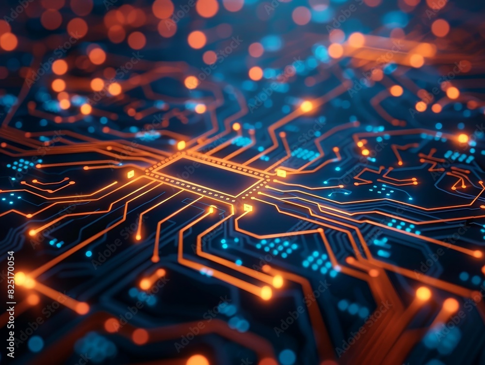 Aufkleber circuit board with glowing orange lines and light bokeh, close-up view of technology and connectivit