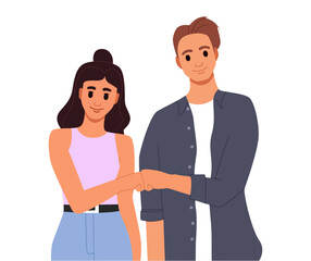 Young Smiling Two Friends Woman and Man Giving Fist Bumo Together Isolated on White Background. Flat Cartoon Vector Illustration.