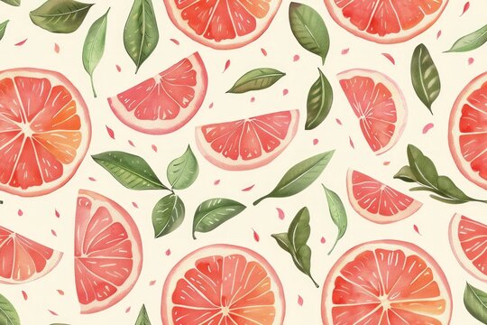 Seamless pattern with grapefruit citrus fruits with leaves
