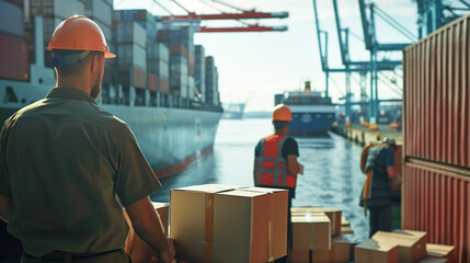 Team of logistics professionals wearing uniforms coordinating the loading of eco-friendly package boxes onto a cargo ship, facilitating environmentally responsible global transportation.