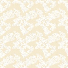 Modern white on cream lace effect wedding background texture. Soft tonal linen openwork block print with subtle hand drawn lattice damask printed fabric backdrop. 