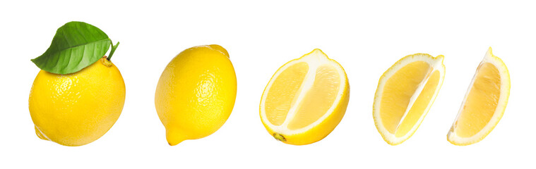 Fresh lemons isolated on white, set. Whole, half and slices