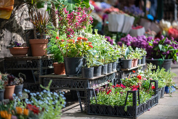 Outdoor flower market in Tbilisi Georgia. Beautiful potted flowers and plant for home or garden, soft focus. Various bouquets in baskets for sale at street market