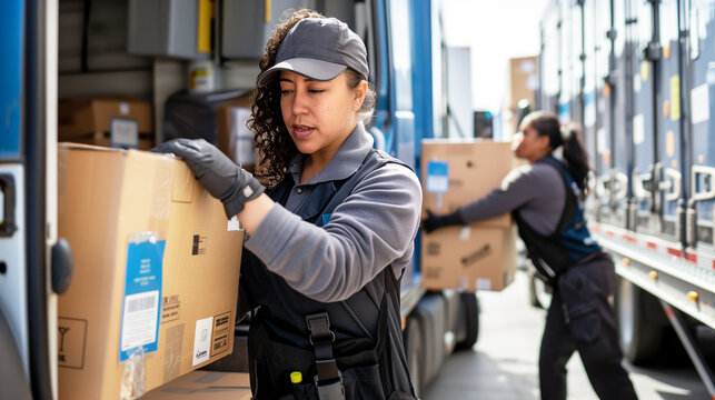 Employees in uniform loading eco-friendly package boxes onto a delivery truck, emphasizing environmentally conscious transportation practices.