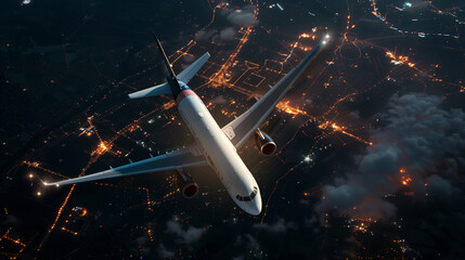 Obraz premium Top view of a commercial white airplane flying in the sky above a beautiful big city at night with glowing neon lights below.