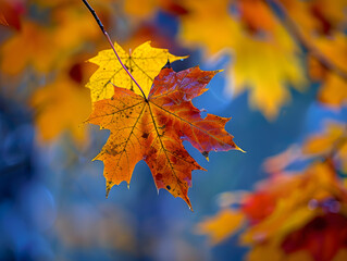 Fototapeta premium Close-Up View of Central Autumn Leaf with Warm Yellow to Deep Red Gradient and Blurred Bokeh Background of Fall Foliage Vibrant and Detailed Autumn Leaves