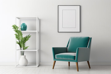 A vibrant teal accent chair atop a neutral grey rug, amidst minimalist white shelves displaying contemporary art pieces, an empty white frame mockup on the wall.