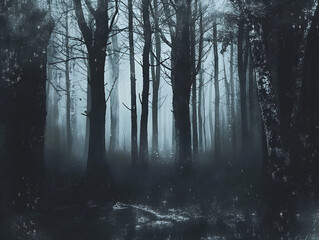 Obraz premium Dark Atmospheric Forest with Fog and Bare Trees in Monochromatic Blue and Black - Intricate Branch Patterns in Snow-Covered Mystical Scene for Suspense, Mystery, Fantasy Themes