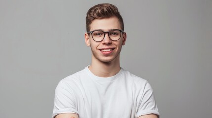 Portrait of young handsome smiling business guy wearing gray shirt and glasses, feeling confident with crossed arms, isolated on white background