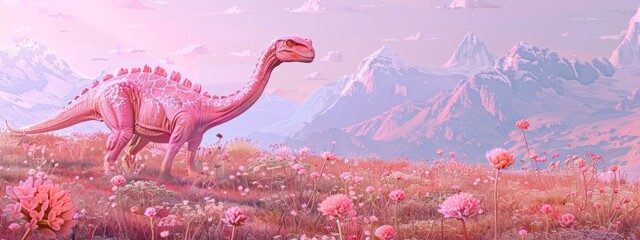 digital painting of pink dinosaur in garden