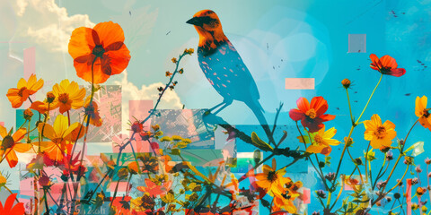 Vibrant Bird and Flowers Amidst Abstract Shapes in a Colorful Artistic Collage