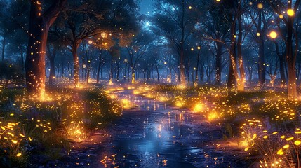 A magical scene of fireflies dancing among the trees in a moonlit forest, their bioluminescent glow creating an enchanting spectacle