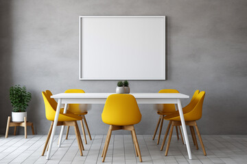 A vibrant yellow accent chair atop a textured grey rug, amidst minimalist white shelves displaying art objects, an empty white frame mockup adorning the wall.