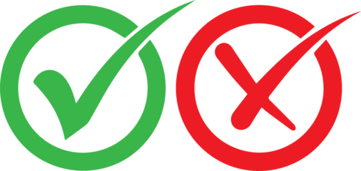 Green checkmark tick and red X icons.