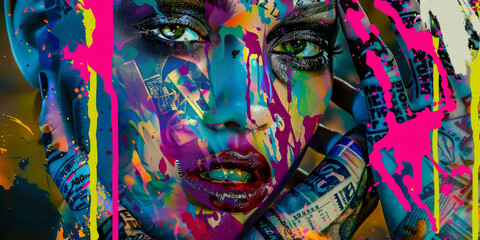 Vibrant Abstract Portrait with Face Paint and Creative Colorful Paint Splashes