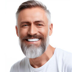 Obraz premium a closeup photo portrait of a handsome old mature man smiling with clean teeth. for a dental ad. guy with fresh stylish hair and beard with strong jawline. isolated on white background.