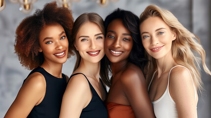 Obraz premium A diverse group of beautiful women with natural beauty and glowing smooth skin. Portrait of many attractive female fashion models with great skincare of all races, tones and style.