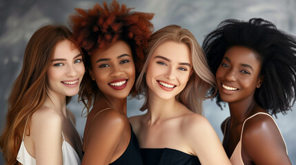 Obraz premium A diverse group of beautiful women with natural beauty and glowing smooth skin. Portrait of many attractive female fashion models with great skincare of all races, tones and style.