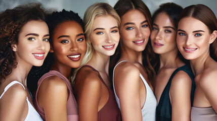 Obraz premium A diverse group of beautiful women with natural beauty and glowing smooth skin. Portrait of many attractive female fashion models with great skincare of all races, tones and style.