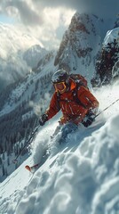 Experience the thrill of skiing with this ultra-realistic image of a skier speeding down a snow-covered mountain