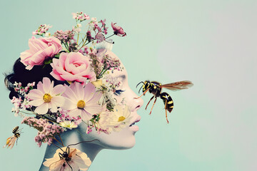 Surreal Portrait of Woman with Flower Hair and Insects In a Dreamlike Style