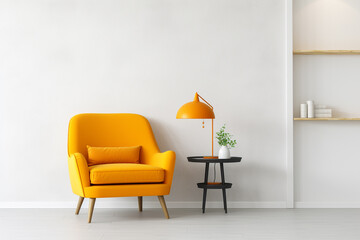 A vivid marigold accent chair on a dove grey rug, surrounded by pristine white shelves adorned with modern decor, an empty white frame mockup on the wall.