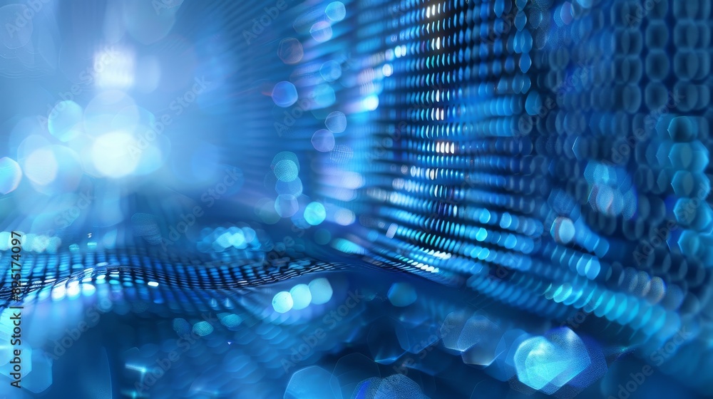 Poster abstract blue bokeh lights background with blurred glowing circles and texture.