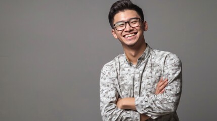 Fototapeta premium Portrait of young handsome smiling business guy wearing gray shirt and glasses, feeling confident with crossed arms, isolated on white background