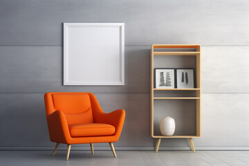 A vivid orange accent chair against a sleek grey rug, surrounded by pristine white shelves adorned with contemporary ornaments, a blank white frame mockup hanging on the wall.