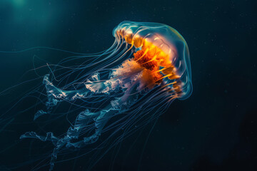 Naklejka premium Jellyfish glowing in the dark deep ocean