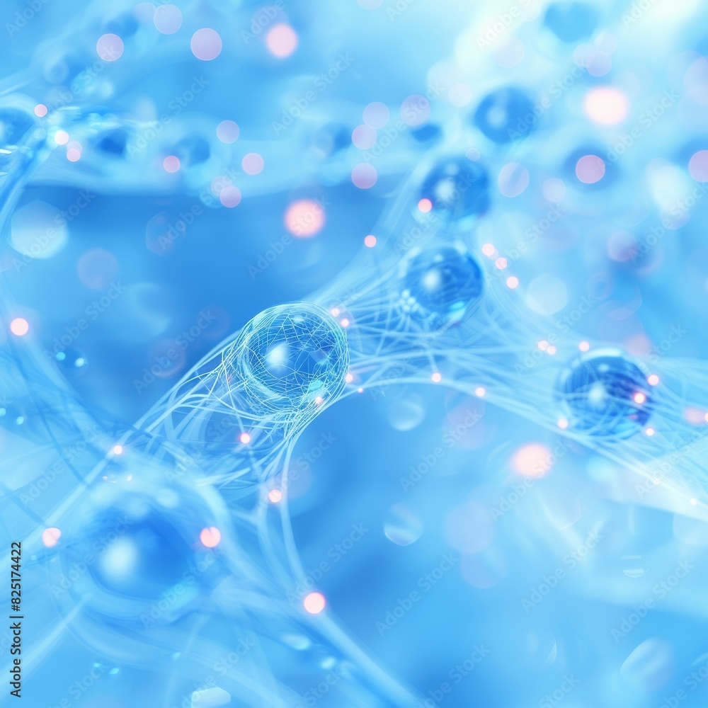 Poster abstract blue spheres connected by a network of glowing lines with bokeh background, digital art, fu