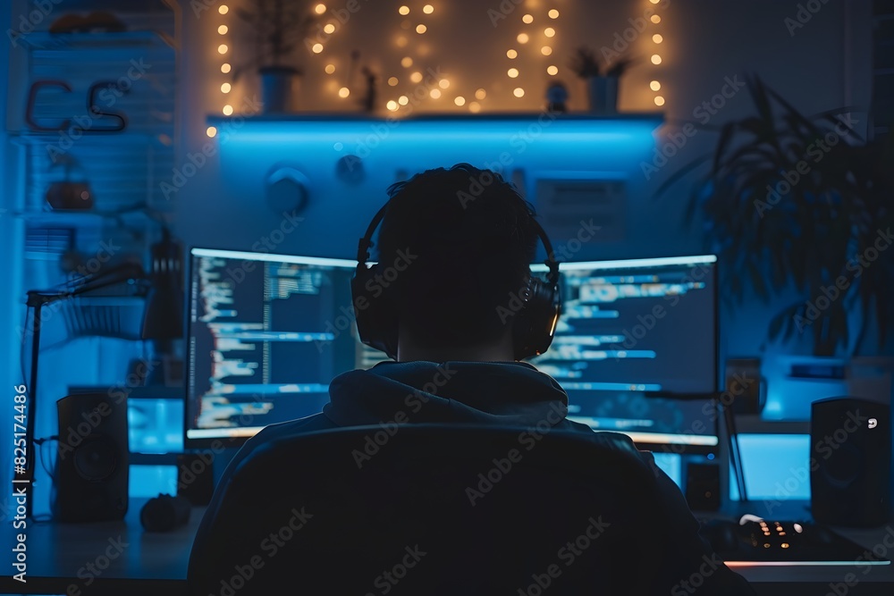 Poster programmer immersed in futuristic digital workspace with glowing neon lights