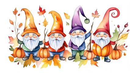 Naklejka premium Watercolor gnomes, pumpkins, autumn leaves on a white isolated background, Happy Halloween holiday, different Halloween elements on a white background.