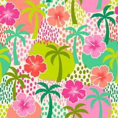 Hand drawn hibiscus and palm tree seamless pattern for summer holidays background.