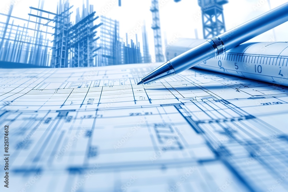 Poster architectural blueprint with technical drawing tools on workbench